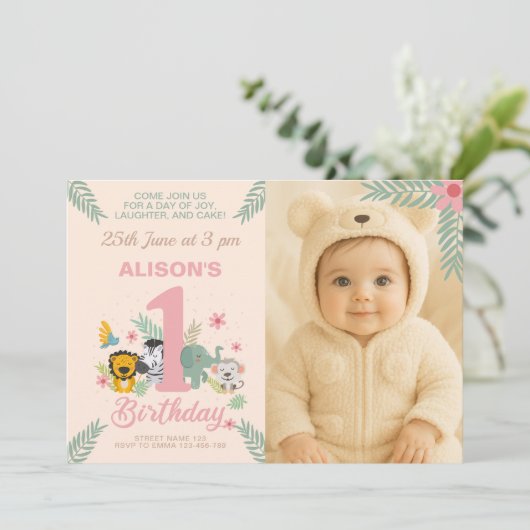 おもしろいサファリの冒険で最初の誕生日と写真 招待状 (スタンド正面)