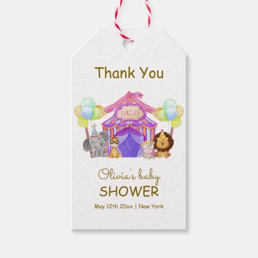 おもしろいサファリサーカスカーニバルバルーンベビーシャワー ギフトタグ (正面)