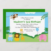 おもしろいサファリ1歳の誕生日 招待状 (正面/裏面)