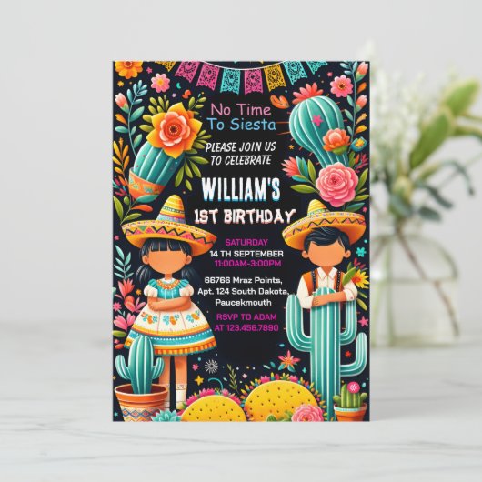 おもしろいサボテンかわいいウノタコ最初のフィエスタ1st誕生日 招待状 (スタンド正面)