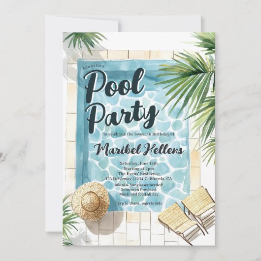 おもしろいサマートロピカルウォーターカラープールパーティースウィート16 招待状 (正面)