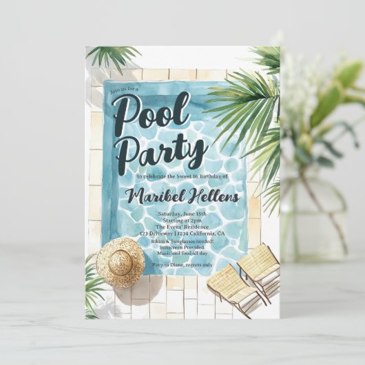 おもしろいサマートロピカルウォーターカラープールパーティースウィート16 招待状 (スタンド正面)