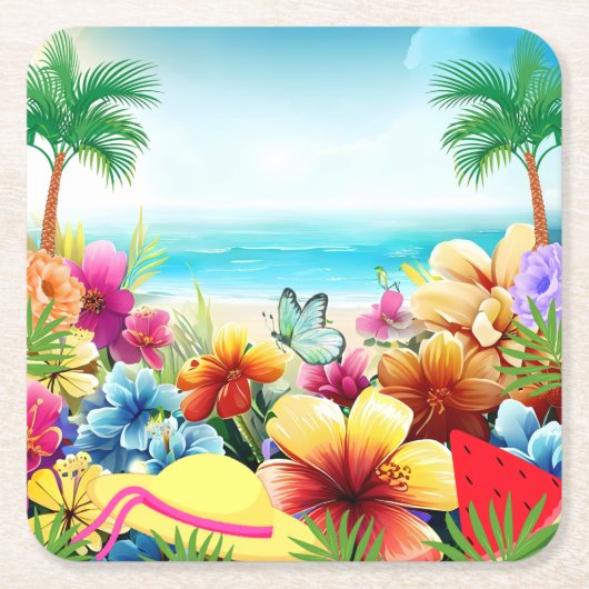 おもしろいサマービーチシーン2 スクエアペーパーコースター (正面)