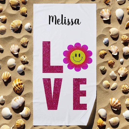 おもしろいサマーフローラボホラブヒマワリピンク ビーチタオル