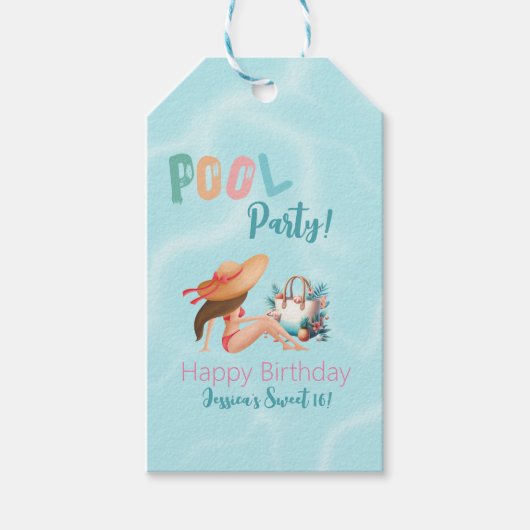 おもしろいサマープールパーティーウォーターカラースウィート16 ギフトタグ (正面)