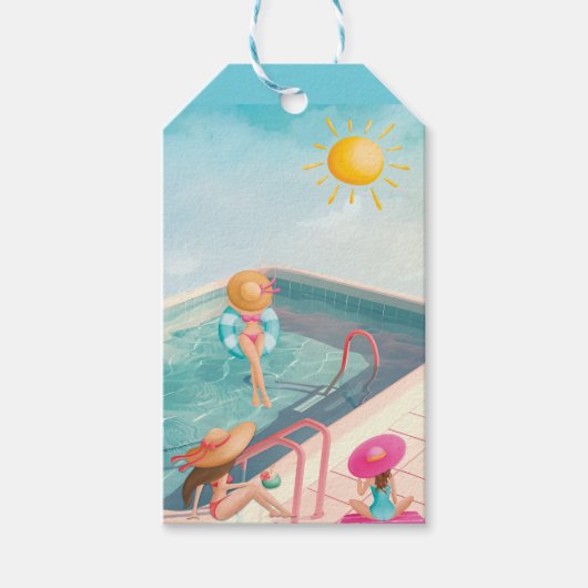 おもしろいサマープールパーティーウォーターカラースウィート16 ギフトタグ (正面)