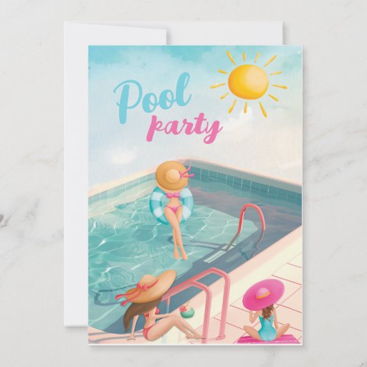 おもしろいサマープールパーティーウォーターカラースウィート16 セーブザデート (裏面)