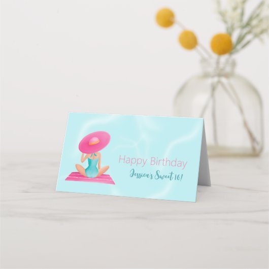 おもしろいサマープールパーティーウォーターカラースウィート16 プレイスカード (正面)