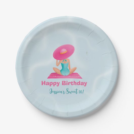 おもしろいサマープールパーティーウォーターカラースウィート16 ペーパープレート (正面)