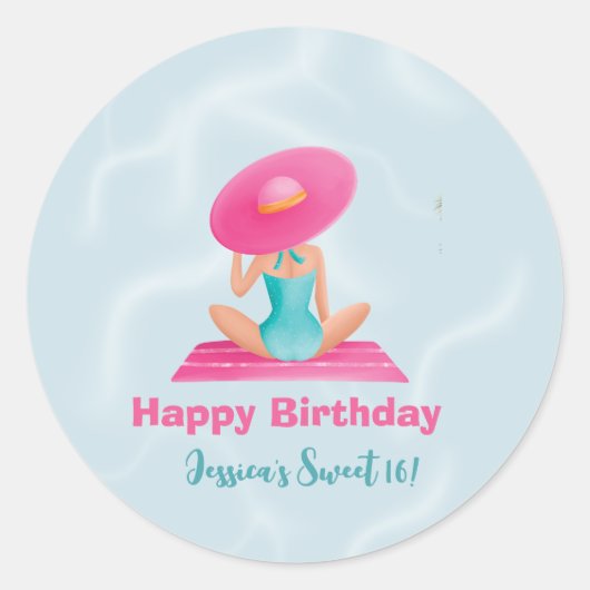 おもしろいサマープールパーティーウォーターカラースウィート16 ラウンドシール (正面)