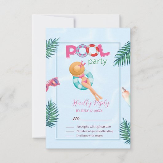 おもしろいサマープールパーティーウォーターカラースウィート16 出欠カード (正面)