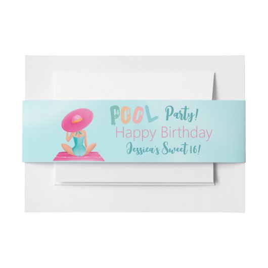 おもしろいサマープールパーティーウォーターカラースウィート16 招待状ベリーバンド (正面例)