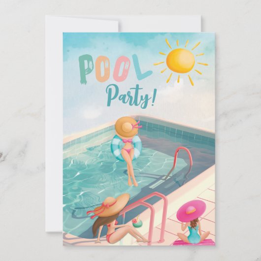 おもしろいサマープールパーティーウォーターカラースウィート16 招待状 (正面)