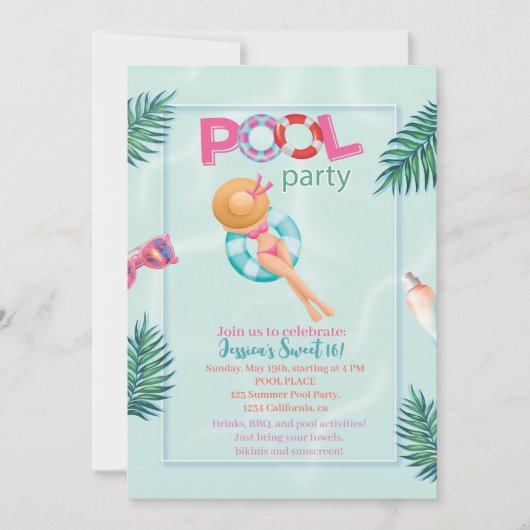 おもしろいサマープールパーティーウォーターカラースウィート16 招待状 (正面)