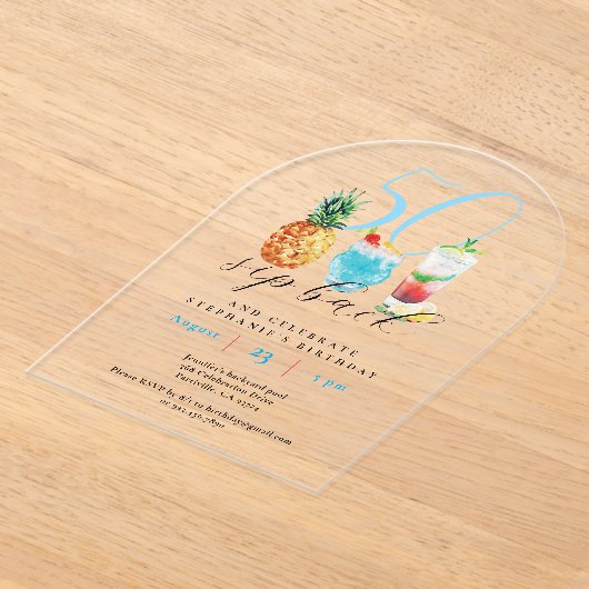 おもしろいサマーsipバックカクテル50thバースデーパーティー アクリル招待状 (レイダウン)