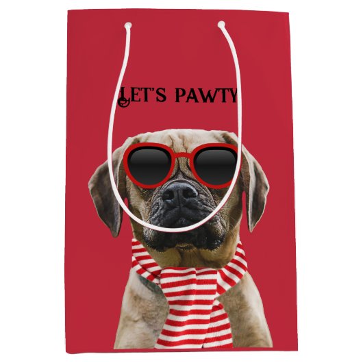 おもしろいサングラスとフォトクリスマスドッグ付きスカーフ ミディアムペーパーバッグ (正面)