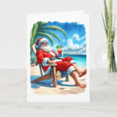 おもしろいサンタがカクテルを楽しむビーチ カード (正面)