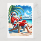 おもしろいサンタがカクテルを楽しむビーチ シーズンポストカード (正面)