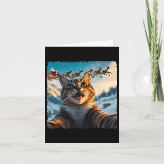 おもしろいサンタそり猫の自撮りクリスマス カード (正面)