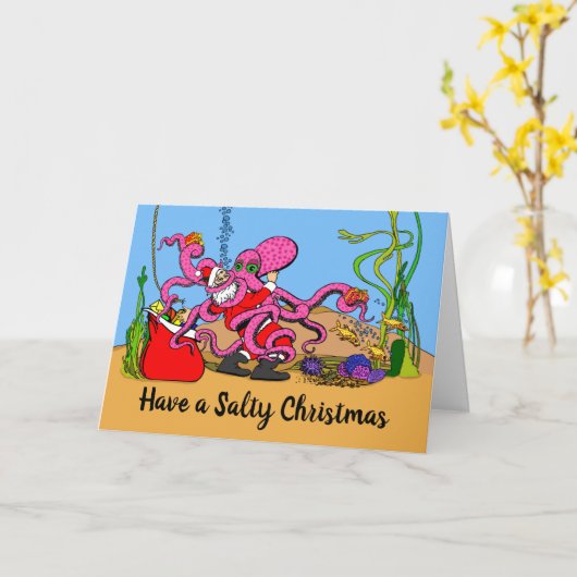 おもしろいサンタとタコが塩辛い カード (黄色い花)