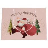 おもしろいサンタイラストレーションモダンピンククリスマスアート ラージペーパーバッグ (正面)