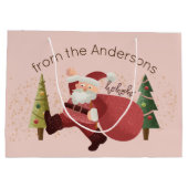 おもしろいサンタイラストレーションモダンピンククリスマスアート ラージペーパーバッグ (裏面)