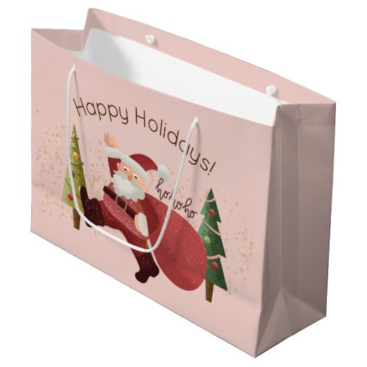 おもしろいサンタイラストレーションモダンピンククリスマスアート ラージペーパーバッグ (正面アングル)