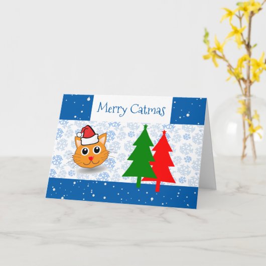 おもしろいサンタキャット雪のメリークリスマスツリー カード (黄色い花)