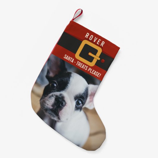 おもしろいサンタクロース犬の写真と名前パーソナライズされた スモールクリスマスストッキング (正面 (吊り時))
