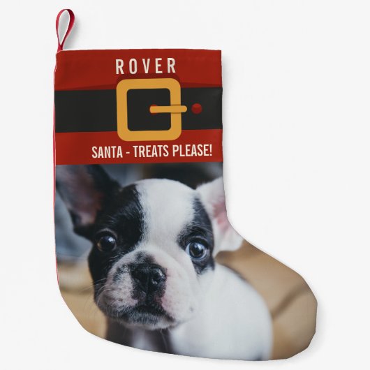 おもしろいサンタクロース犬の写真と名前パーソナライズされた スモールクリスマスストッキング (正面)