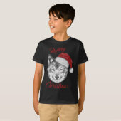 おもしろいサンタハット付きクリスマスオオカミ Tシャツ (正面フル)