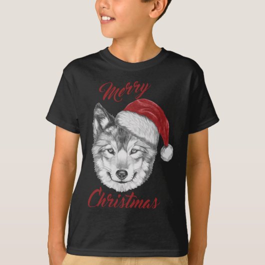 おもしろいサンタハット付きクリスマスオオカミ Tシャツ (正面)