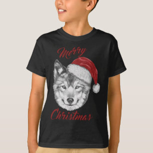 おもしろいサンタハット付きクリスマスオオカミ Tシャツ