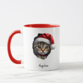 おもしろいサンタハット付きクリスマス覗きカスタム猫 マグカップ (左)
