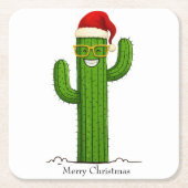 おもしろいサンタハット&グラス付きクリスマスサボテン スクエアペーパーコースター (正面)