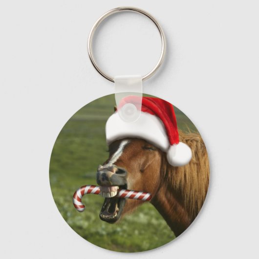 おもしろいサンタ帽をかぶったクリスマスの馬 キーホルダー (正面)