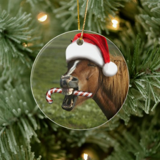 おもしろいサンタ帽をかぶったクリスマスの馬 セラミックオーナメント (ツリー)