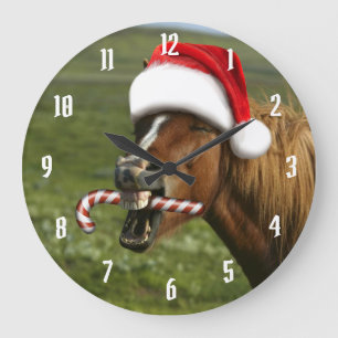 おもしろいサンタ帽をかぶったクリスマスの馬 ラージ壁時計