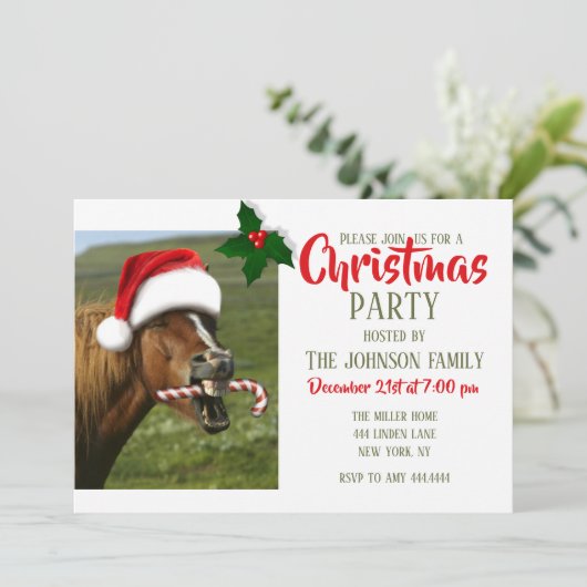 おもしろいサンタ帽をかぶったクリスマスの馬 招待状 (スタンド正面)