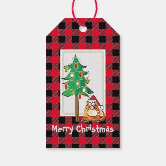 おもしろいサンタ・ハット・クリスマスでバッファローのチェック猫 ギフトタグ (正面)