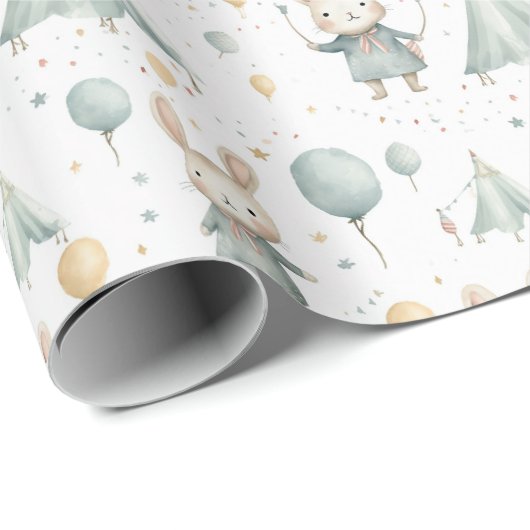 おもしろいサーカスバニー風船パターン赤ちゃんシャワー ラッピングペーパー (ロールコーナー)