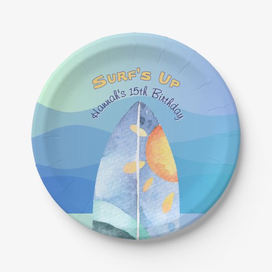 おもしろいサーフズアップ誕生日招待状 ペーパープレート (正面)