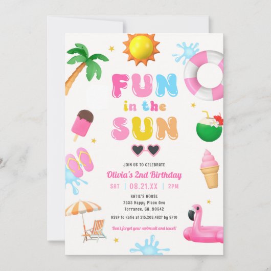 おもしろいザサンプールパーティーガールバースデーパーティー 招待状 (正面)