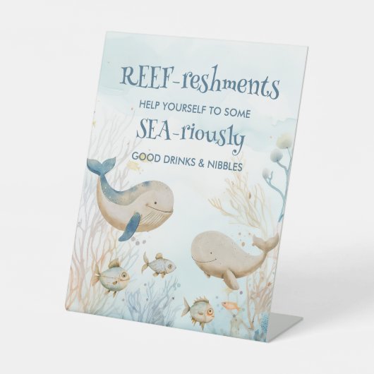 おもしろいザシーホエールベビーシャワービュッフェテーブル 台座サイン (正面)