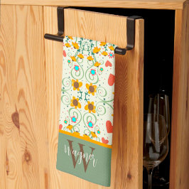 おもしろいシックフローラスタイリッシュデイジーカスタムモノグラム名 キッチンタオル