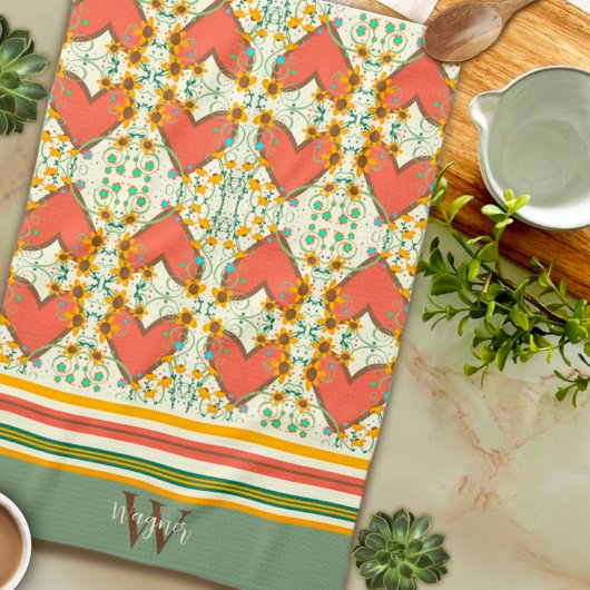 おもしろいシックフローラスタイリッシュハートカスタムイニシャル名 キッチンタオル