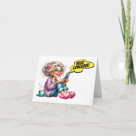 おもしろいシニアコーヒと携帯電話 ノートカード (正面)