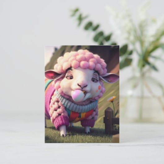 おもしろいシャボン玉を噛むセーターのピンクの羊 ポストカード (スタンド正面)