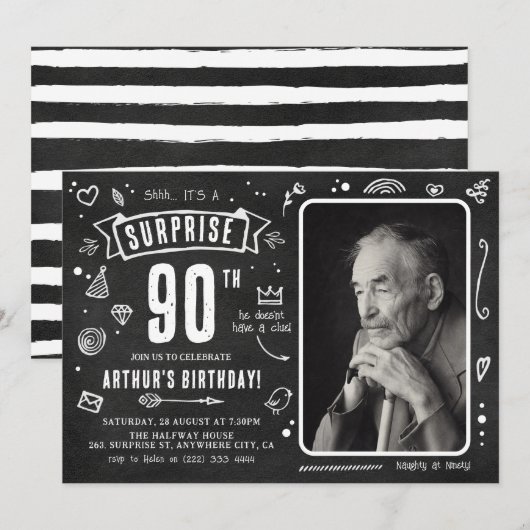 おもしろいシャルボードドードルフォトサプライズ90誕生日 招待状 (正面/裏面)