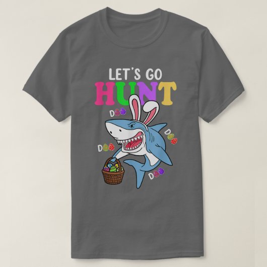 おもしろいシャークバニーが卵を狩りデザイン Tシャツ (デザイン正面)
